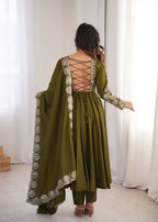 Olive Mehendi Green Roman Silk Embroidered Anarkali Suit Set with Dupatta