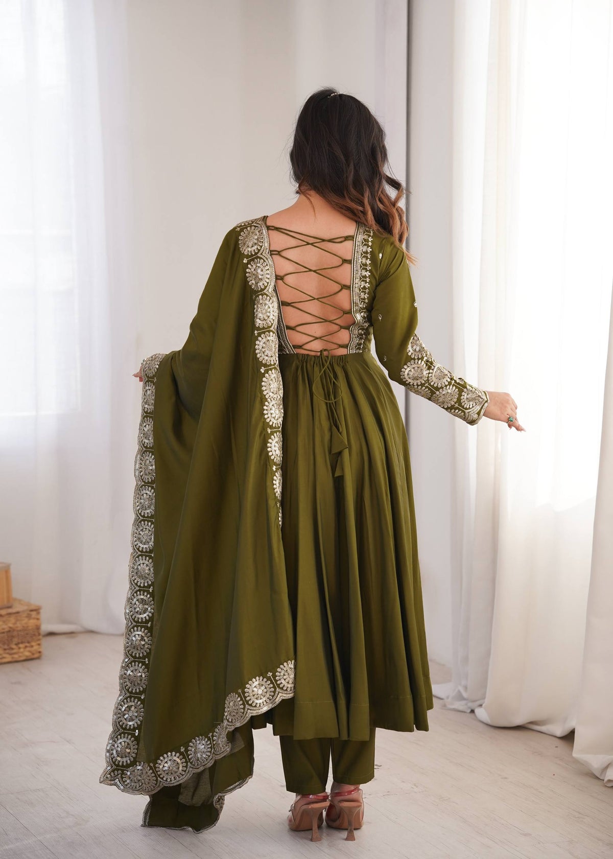 Olive Mehendi Green Roman Silk Embroidered Anarkali Suit Set with Dupatta