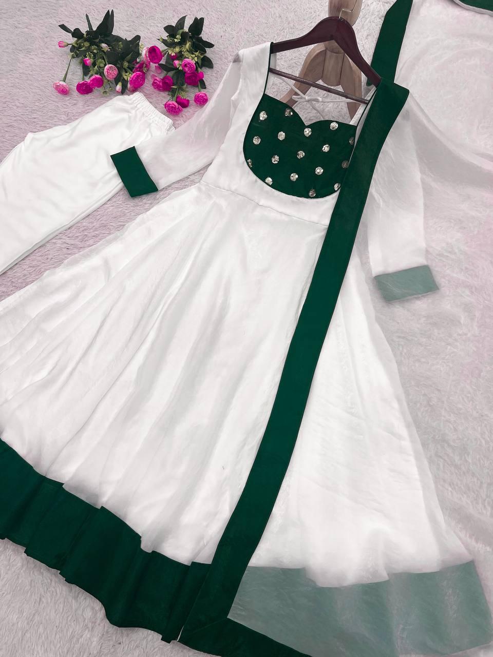 White Silk Blend Embroidered Flared Anarkali Gown Set With a Contrast Color Dupatta and Border
