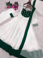 White Silk Blend Embroidered Flared Anarkali Gown Set With a Contrast Color Dupatta and Border