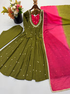 Olive Green Full Flared Mirror Work Anarkali Three-Piece Set
