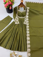 Olive Mehendi Green Roman Silk Embroidered Anarkali Suit Set with Dupatta