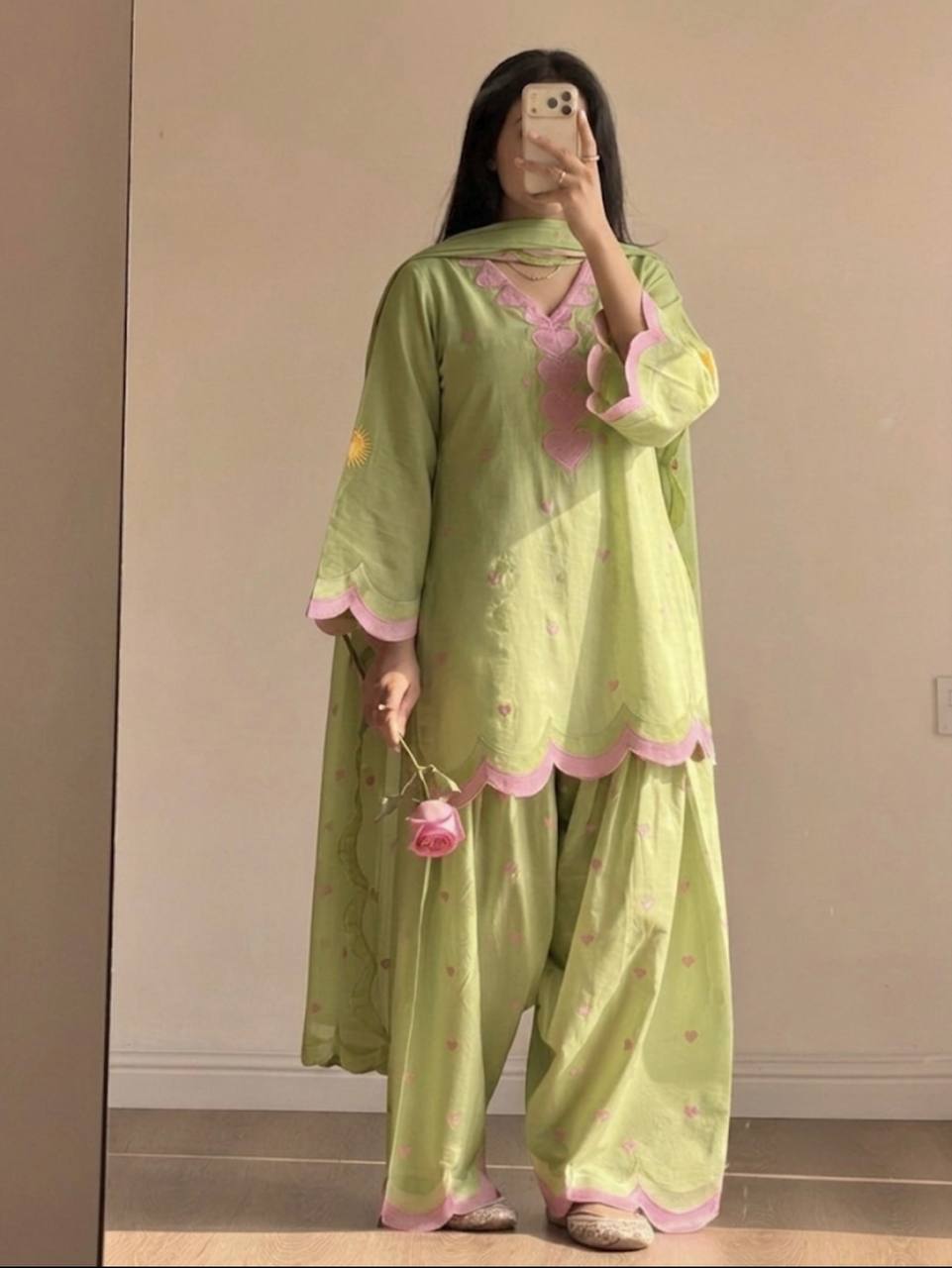 Pastel Green Chanderi Cotton Stitched Suit with Scallop Work
