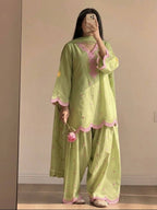 Pastel Green Chanderi Cotton Stitched Suit with Scallop Work