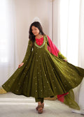 Olive Green Full Flared Mirror Work Anarkali Three-Piece Set
