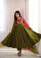 Olive Green Full Flared Mirror Work Anarkali Three-Piece Set