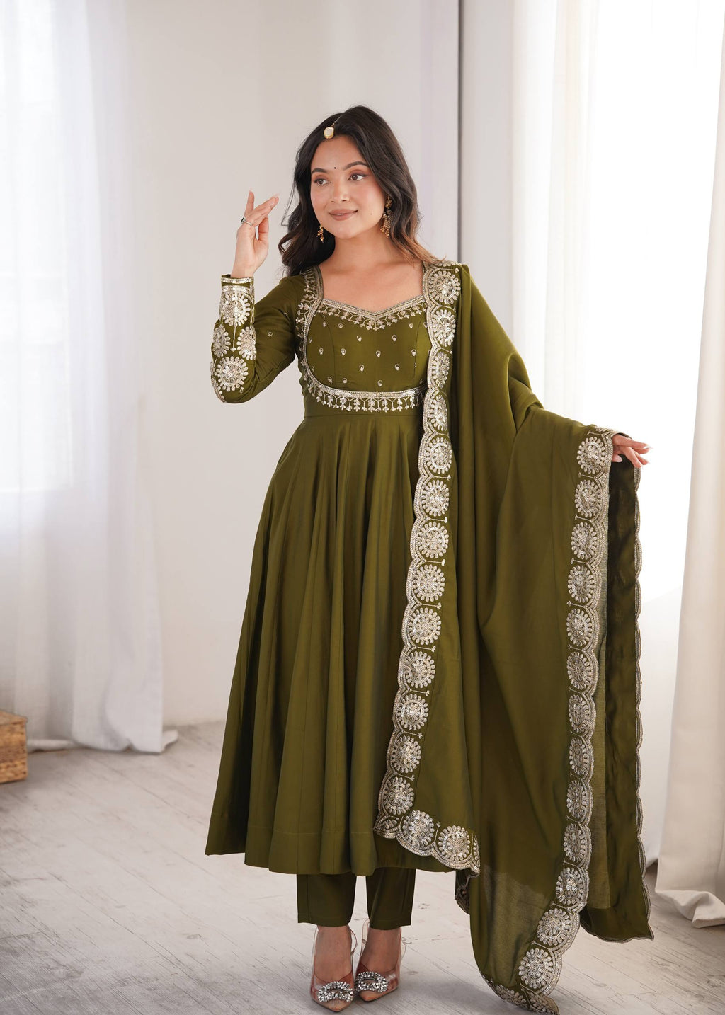 Olive Mehendi Green Roman Silk Embroidered Anarkali Suit Set with Dupatta