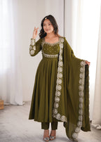 Olive Mehendi Green Roman Silk Embroidered Anarkali Suit Set with Dupatta