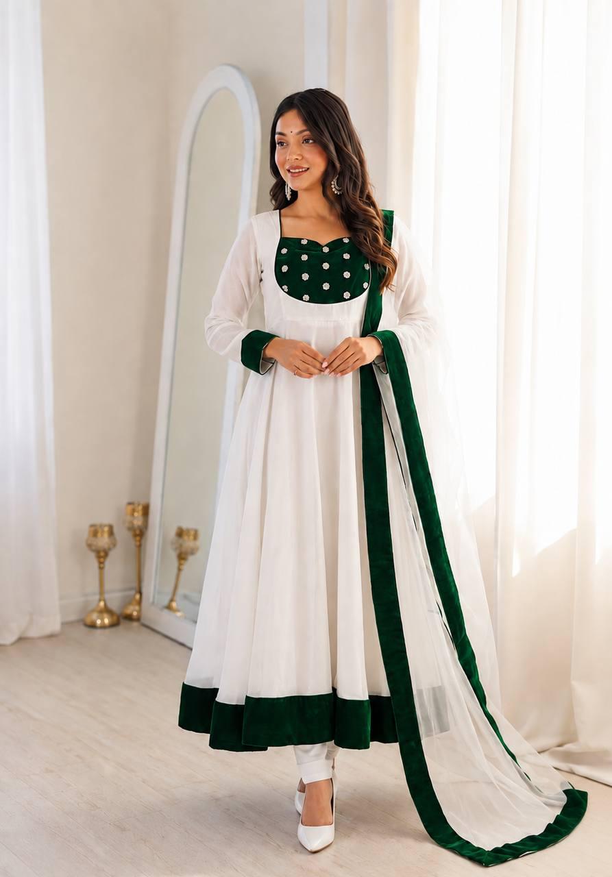 White Silk Blend Embroidered Flared Anarkali Gown Set With a Contrast Color Dupatta and Border