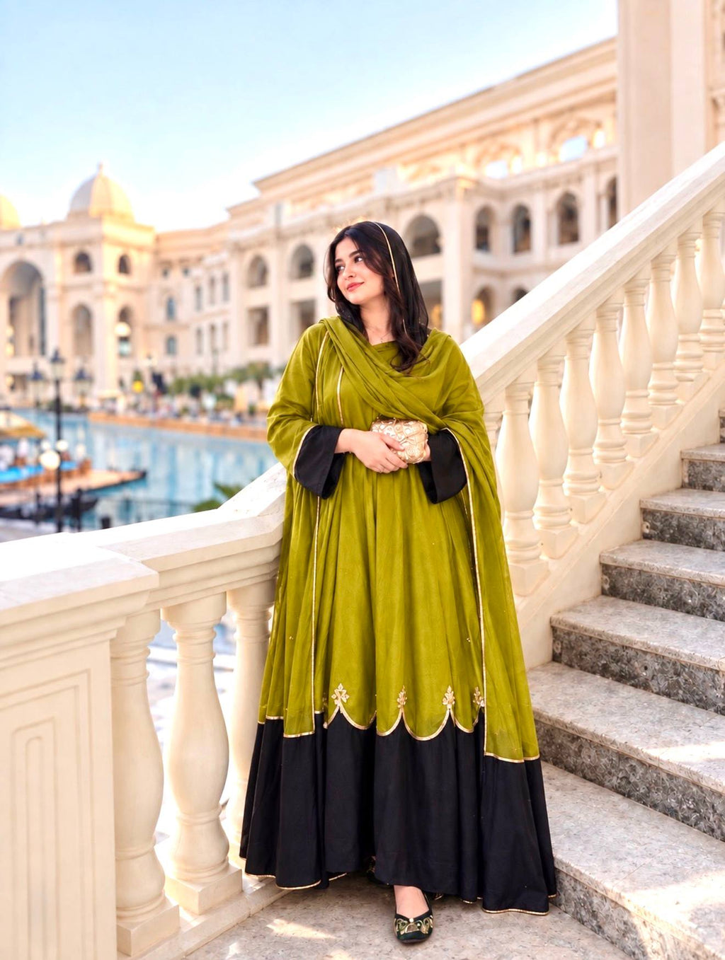 Olive Green Roman Silk Embroidered Kaftan Gown Set with Palazzo and Dupatta