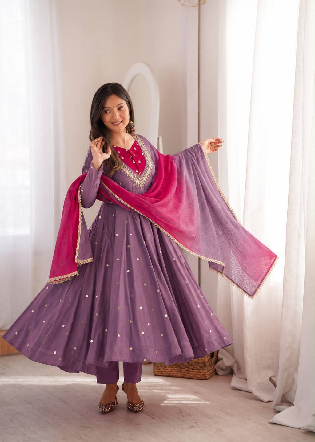 Lavender Silk Fully Flared Ethnic Anarkali Suit with Pants