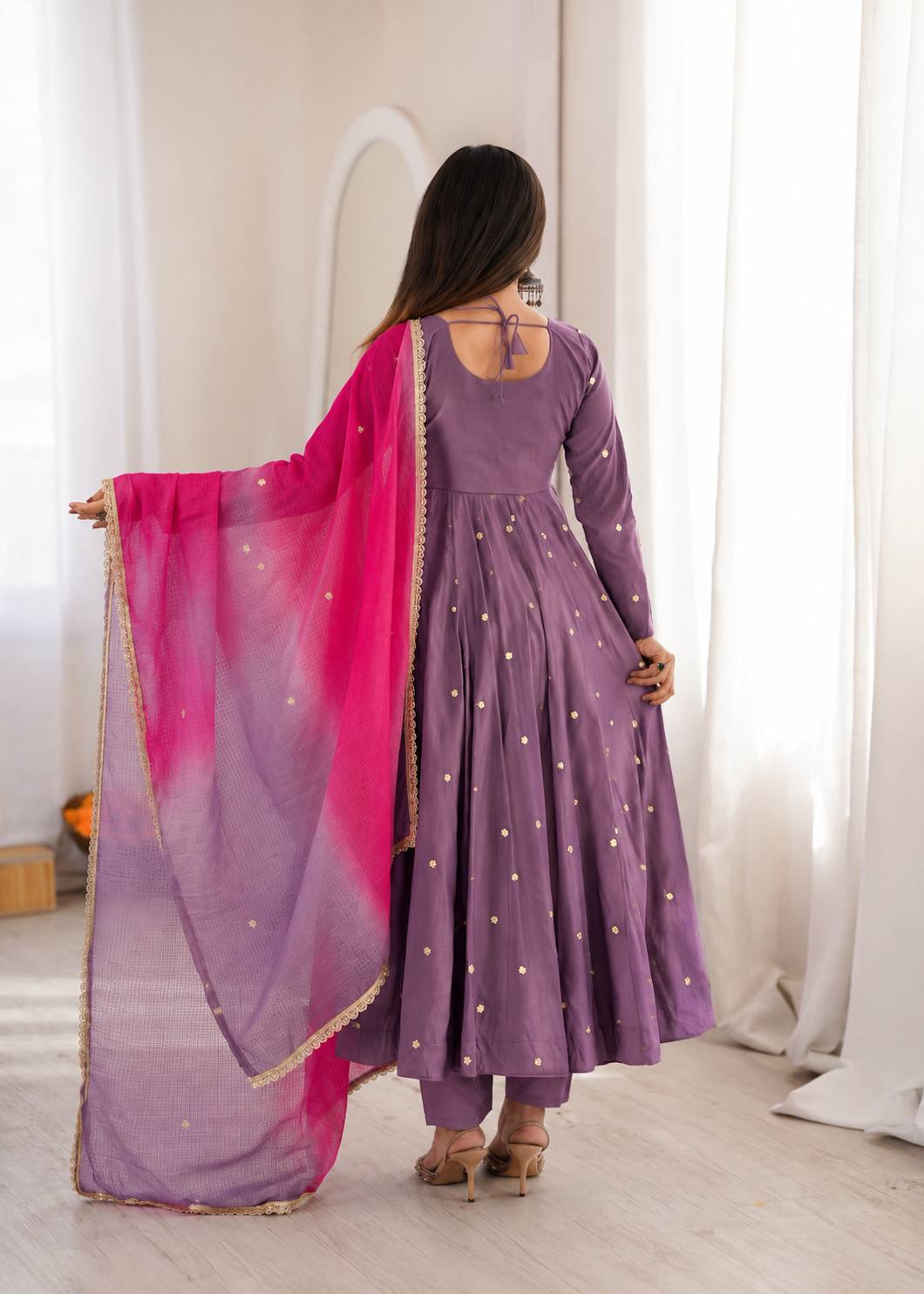 Lavender Silk Fully Flared Ethnic Anarkali Suit with Pants
