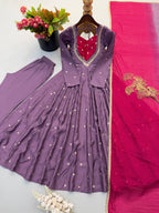 Lavender Silk Fully Flared Ethnic Anarkali Suit with Pants