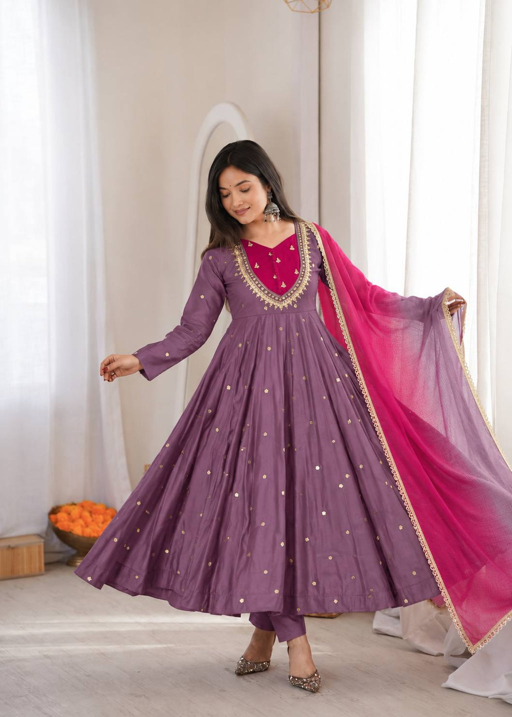 Lavender Silk Fully Flared Ethnic Anarkali Suit with Pants