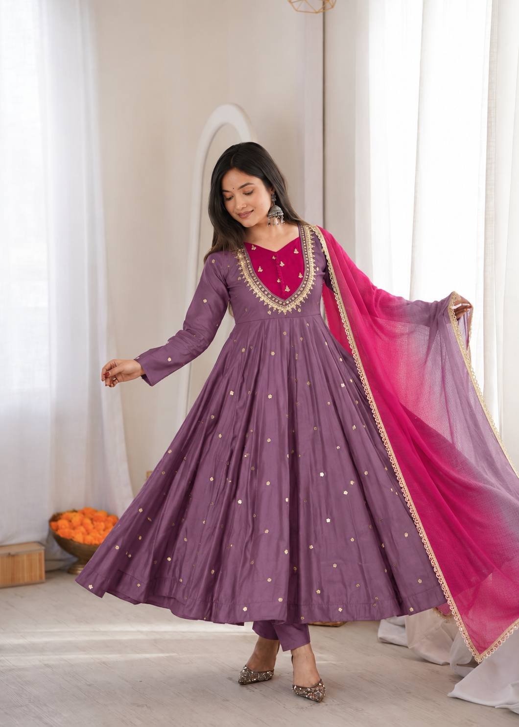 Lavender Silk Fully Flared Ethnic Anarkali Suit with Pants