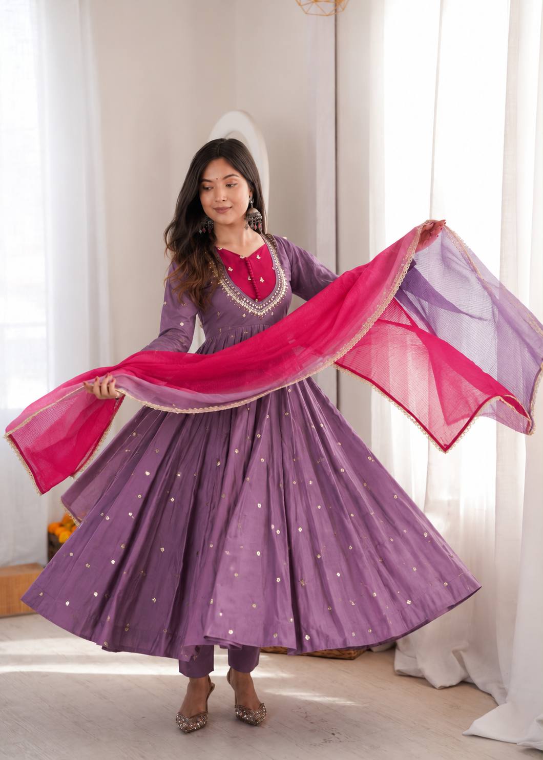 Lavender Silk Fully Flared Ethnic Anarkali Suit with Pants