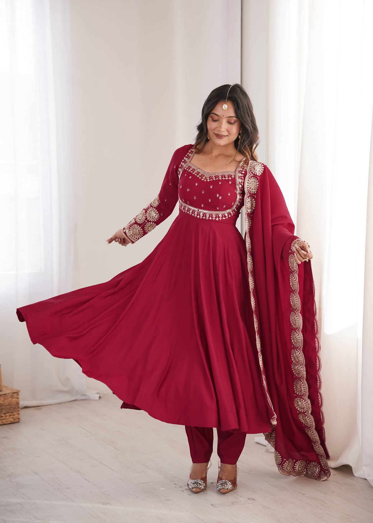 Maroon Roman Silk Embroidered Anarkali Suit Set with Scalloped Dupatta