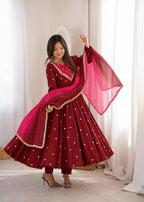 Maroon Pink Roman Silk Mirror Work Anarkali Suit Set