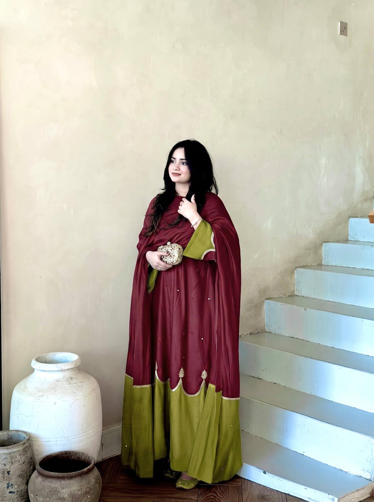 Two-Tone Modest Kaftan Dress with Flared Palazzo & Dupatta – Elegant Ethnic Festive Wear