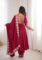Maroon Roman Silk Embroidered Anarkali Suit Set with Scalloped Dupatta