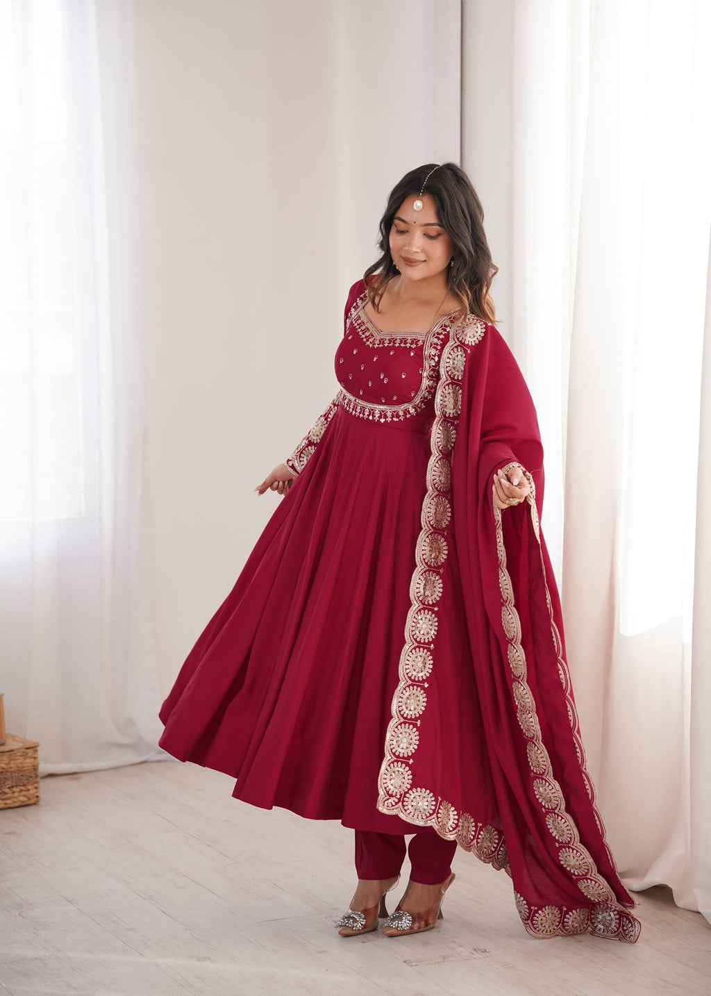 Maroon Roman Silk Embroidered Anarkali Suit Set with Scalloped Dupatta