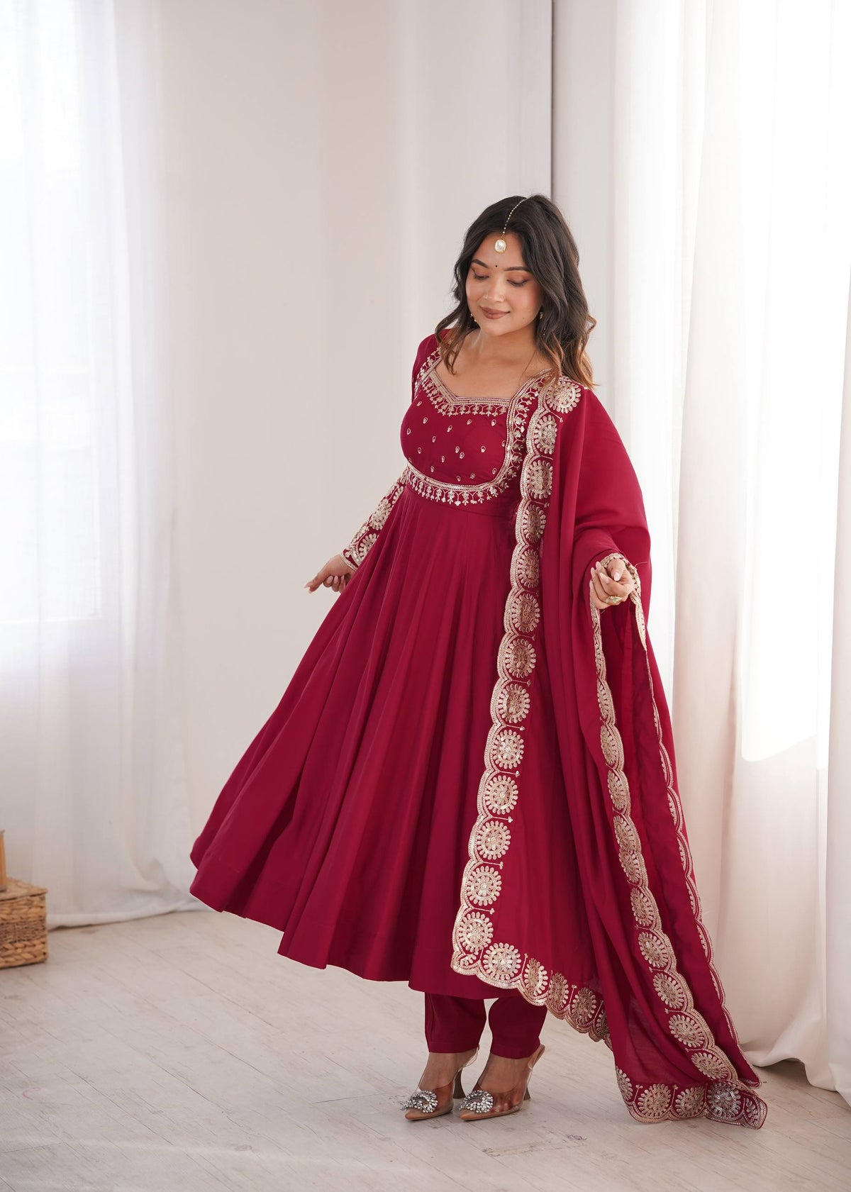 Maroon Roman Silk Embroidered Anarkali Suit Set with Scalloped Dupatta