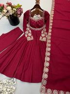 Maroon Roman Silk Embroidered Anarkali Suit Set with Scalloped Dupatta