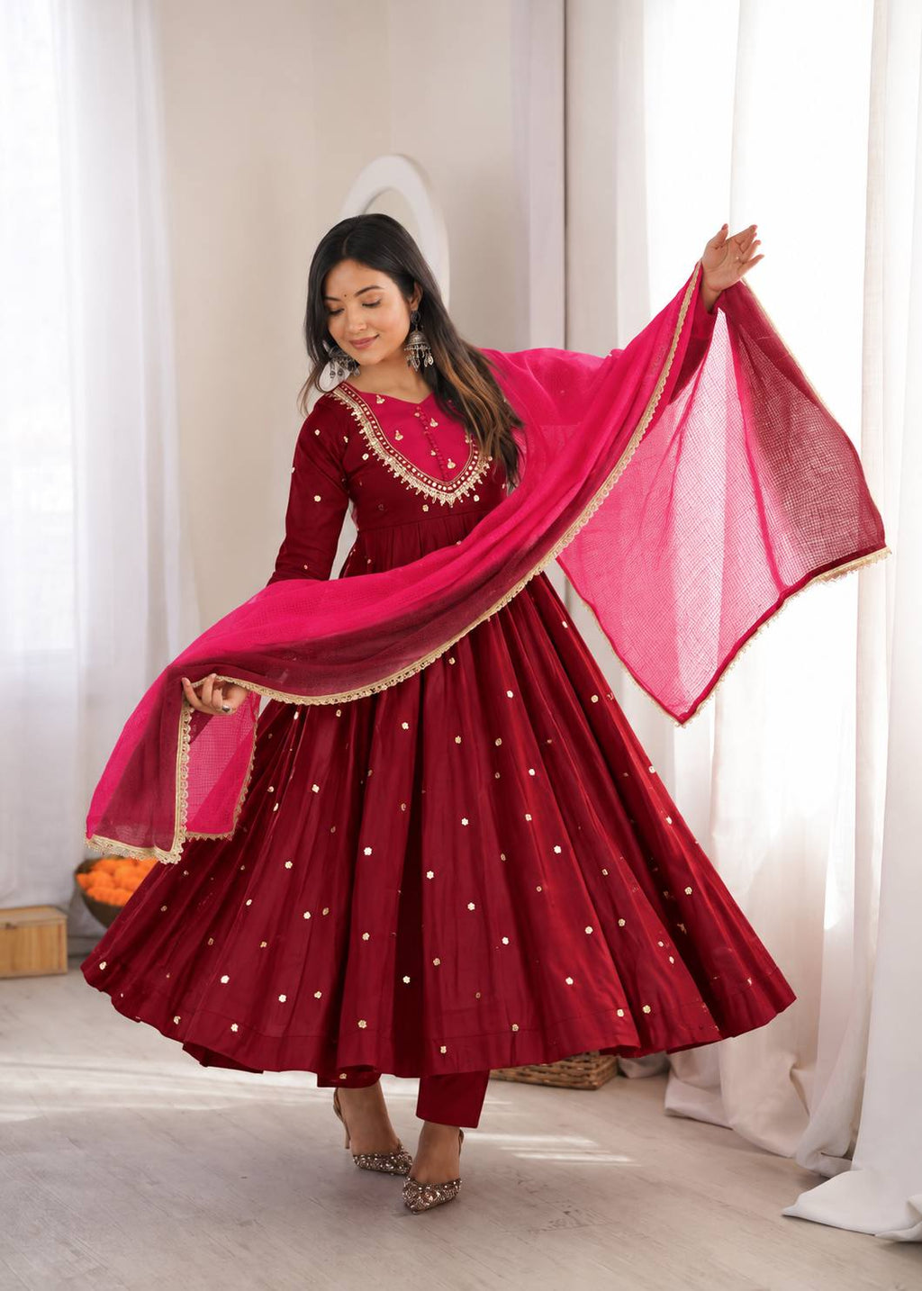 Maroon Pink Roman Silk Mirror Work Anarkali Suit Set