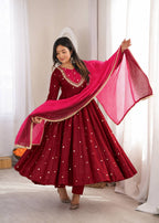 Maroon Pink Roman Silk Mirror Work Anarkali Suit Set