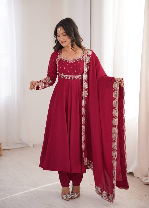 Maroon Roman Silk Embroidered Anarkali Suit Set with Scalloped Dupatta