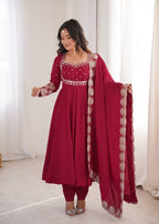 Maroon Roman Silk Embroidered Anarkali Suit Set with Scalloped Dupatta