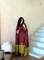Two-Tone Modest Kaftan Dress with Flared Palazzo & Dupatta – Elegant Ethnic Festive Wear