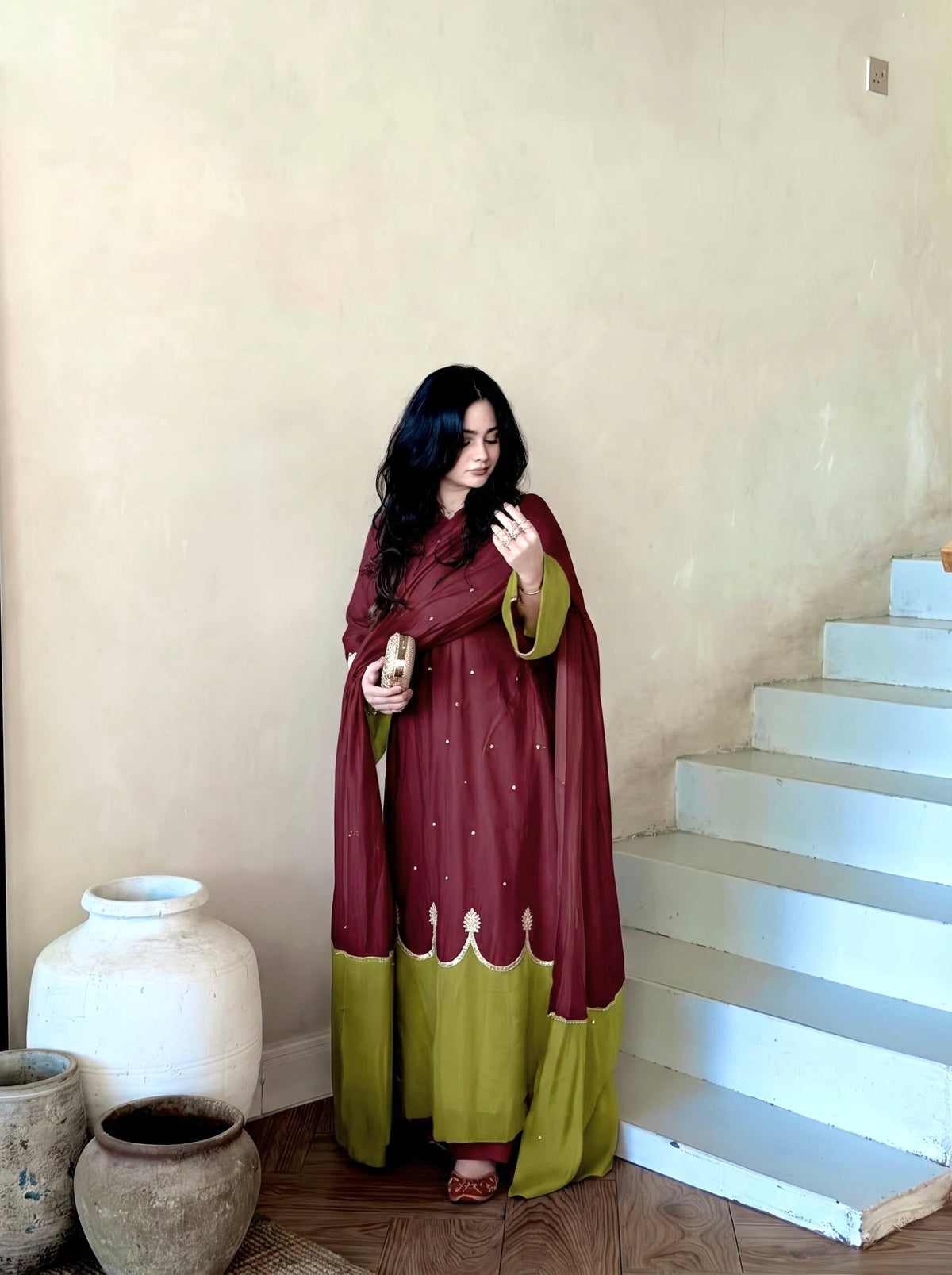Two-Tone Modest Kaftan Dress with Flared Palazzo & Dupatta – Elegant Ethnic Festive Wear