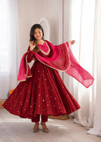 Maroon Pink Roman Silk Mirror Work Anarkali Suit Set