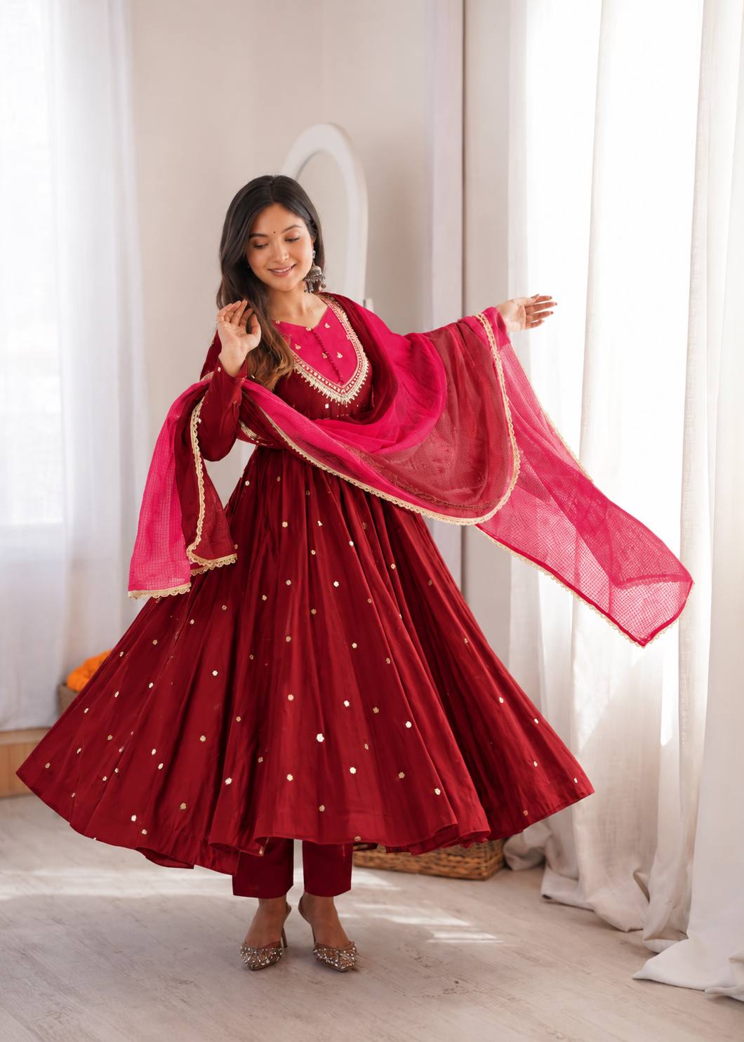 Maroon Pink Roman Silk Mirror Work Anarkali Suit Set