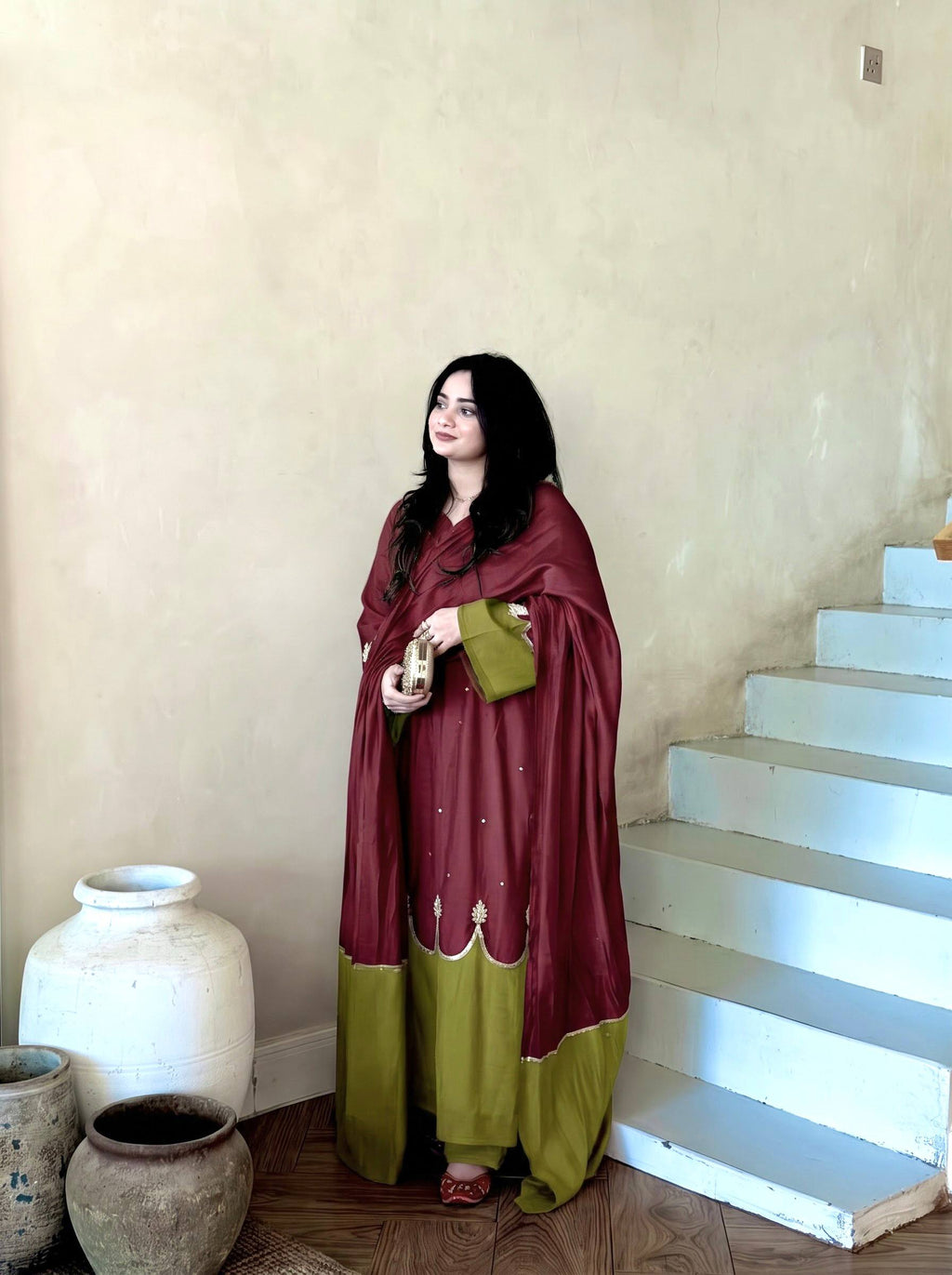Two-Tone Modest Kaftan Dress with Flared Palazzo & Dupatta – Elegant Ethnic Festive Wear