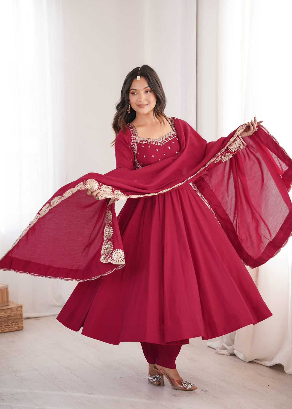 Maroon Roman Silk Embroidered Anarkali Suit Set with Scalloped Dupatta