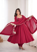 Maroon Roman Silk Embroidered Anarkali Suit Set with Scalloped Dupatta