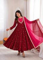 Maroon Pink Roman Silk Mirror Work Anarkali Suit Set