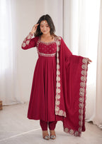 Maroon Roman Silk Embroidered Anarkali Suit Set with Scalloped Dupatta