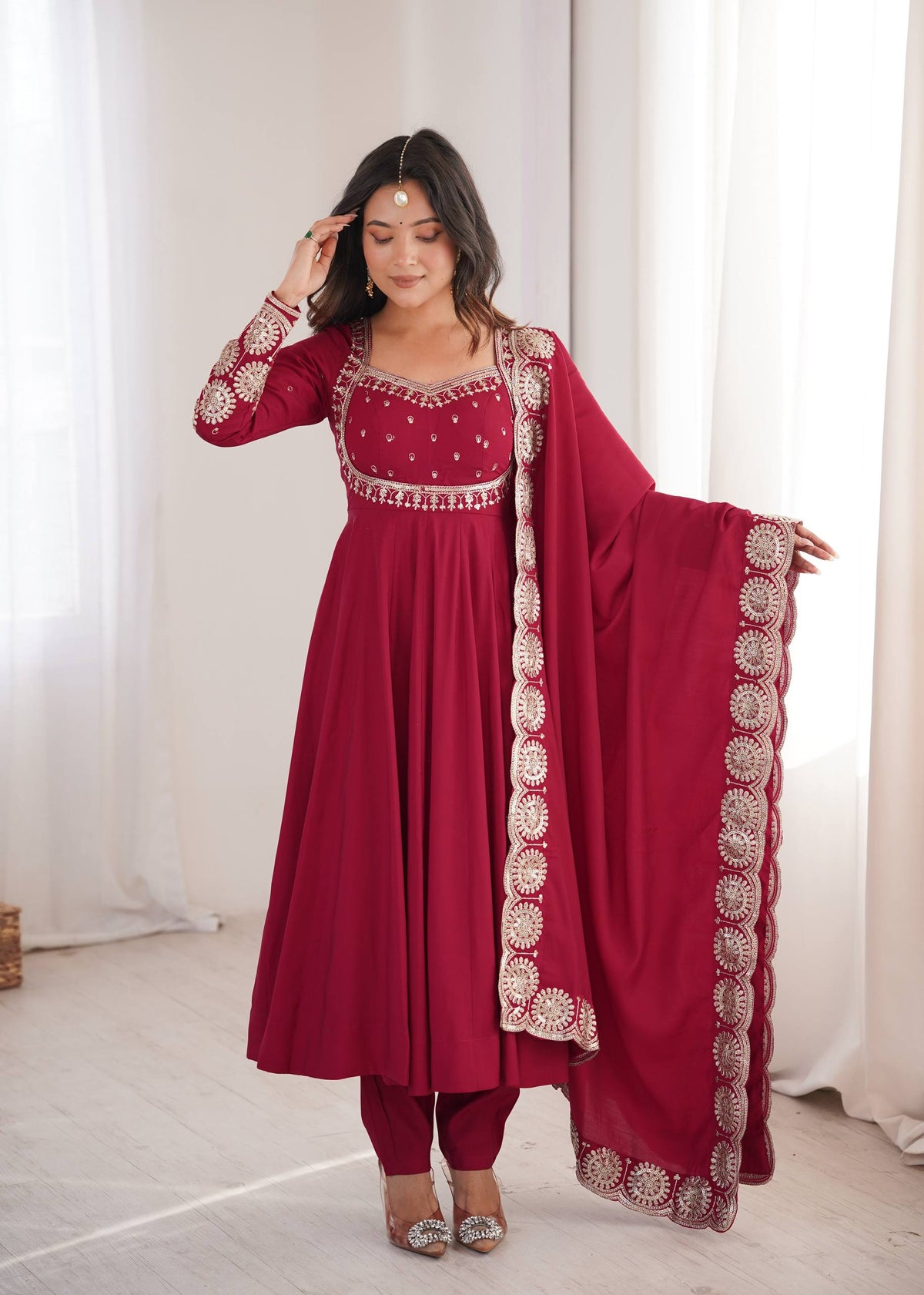 Maroon Roman Silk Embroidered Anarkali Suit Set with Scalloped Dupatta