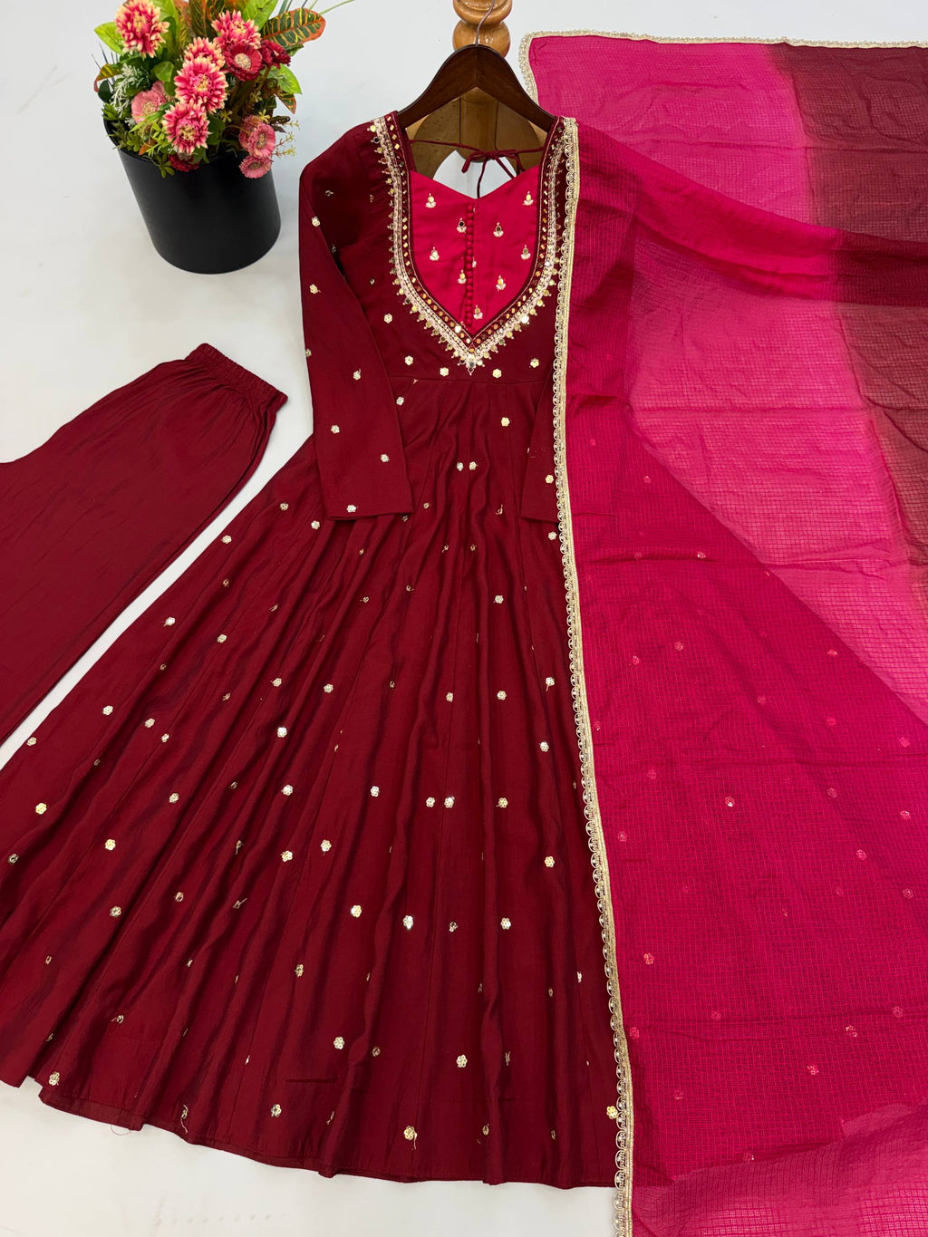 Maroon Pink Roman Silk Mirror Work Anarkali Suit Set