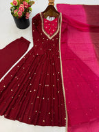 Maroon Pink Roman Silk Mirror Work Anarkali Suit Set