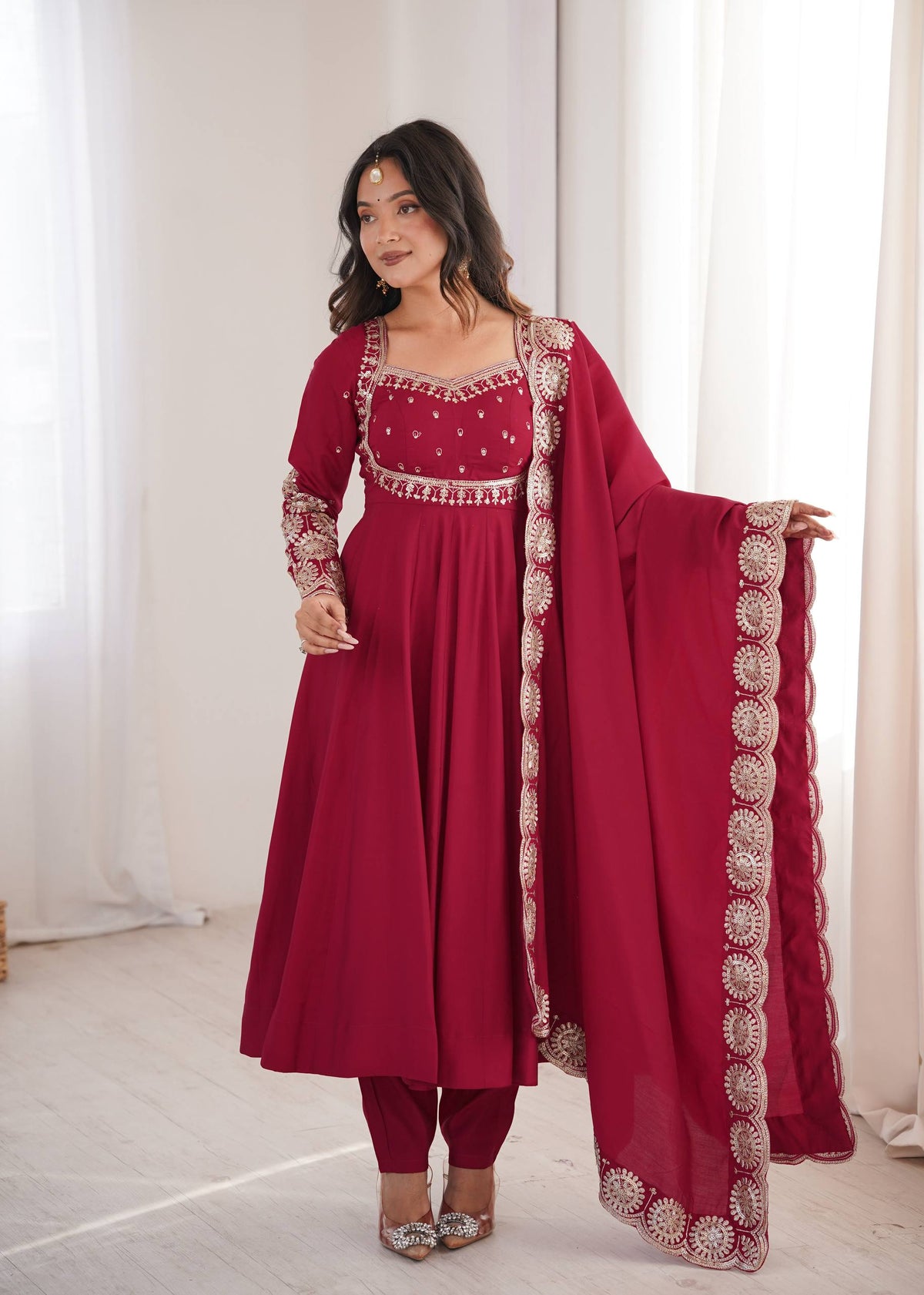 Maroon Roman Silk Embroidered Anarkali Suit Set with Scalloped Dupatta