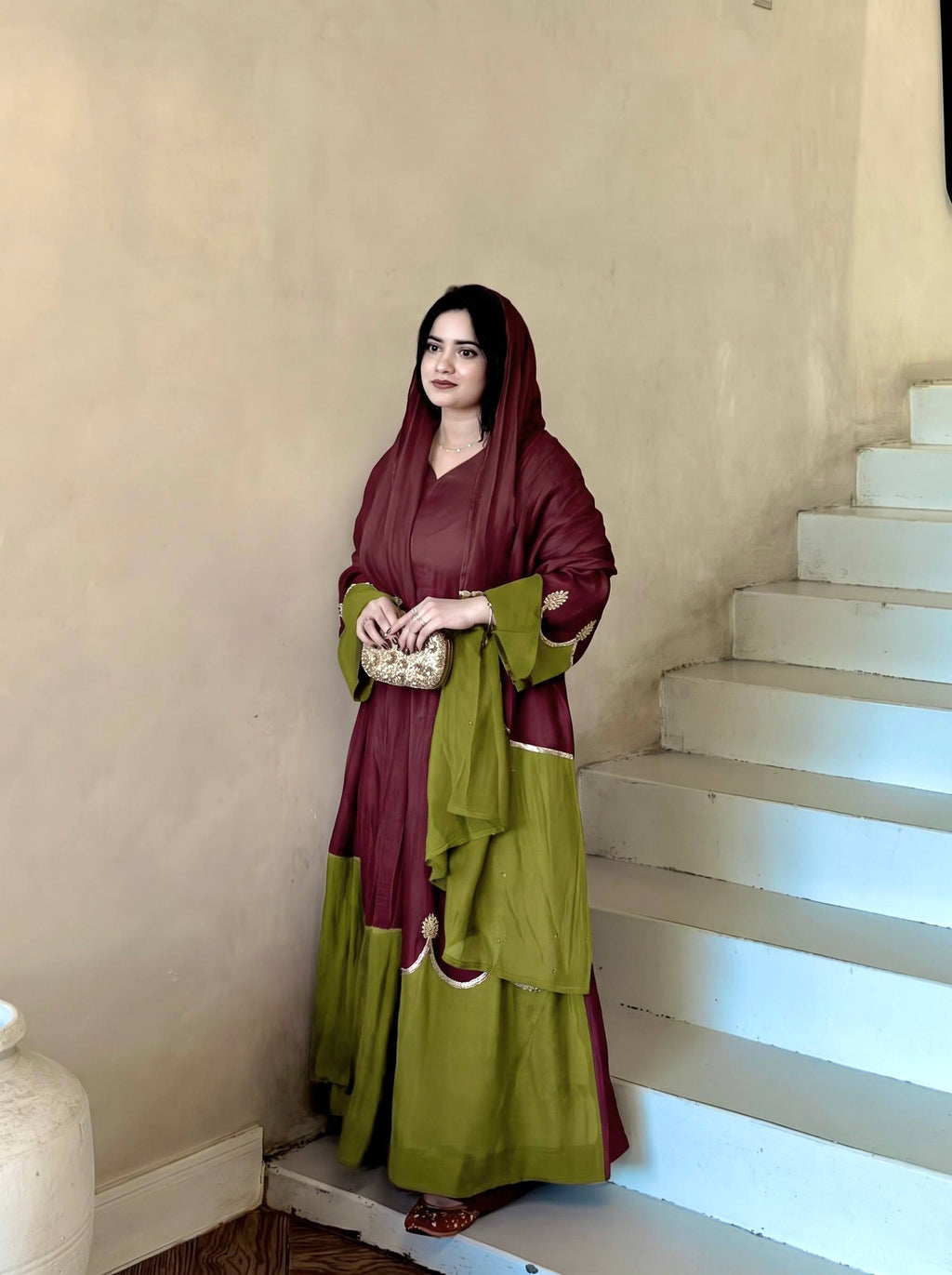 Two-Tone Modest Kaftan Dress with Flared Palazzo & Dupatta – Elegant Ethnic Festive Wear