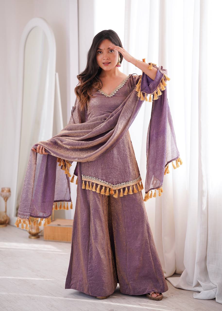 Lavender Crush Metallic Palazzo Suit Set