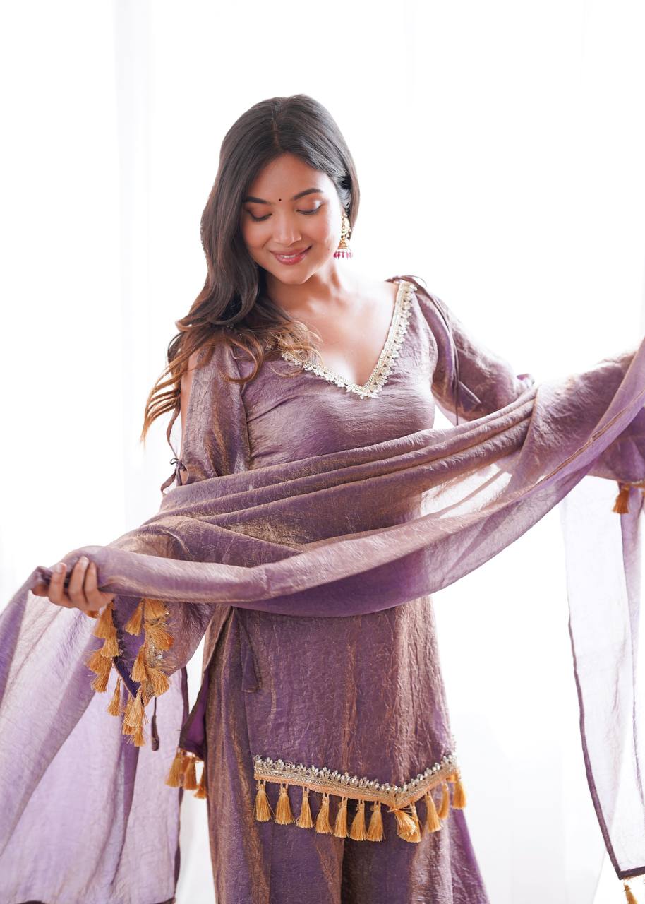 Lavender Crush Metallic Palazzo Suit Set