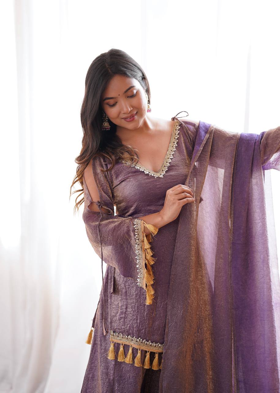 Lavender Crush Metallic Palazzo Suit Set