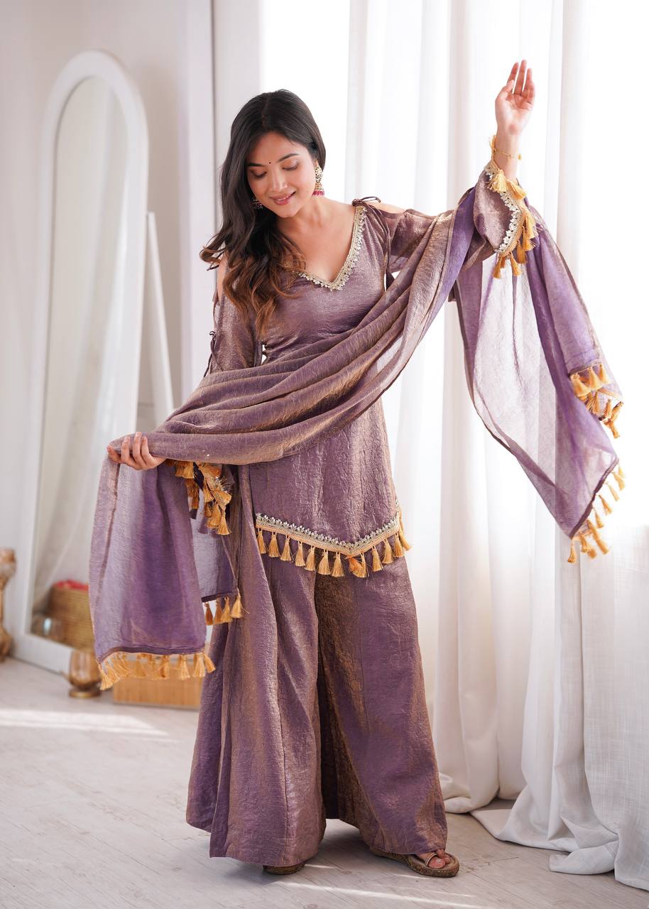 Lavender Crush Metallic Palazzo Suit Set