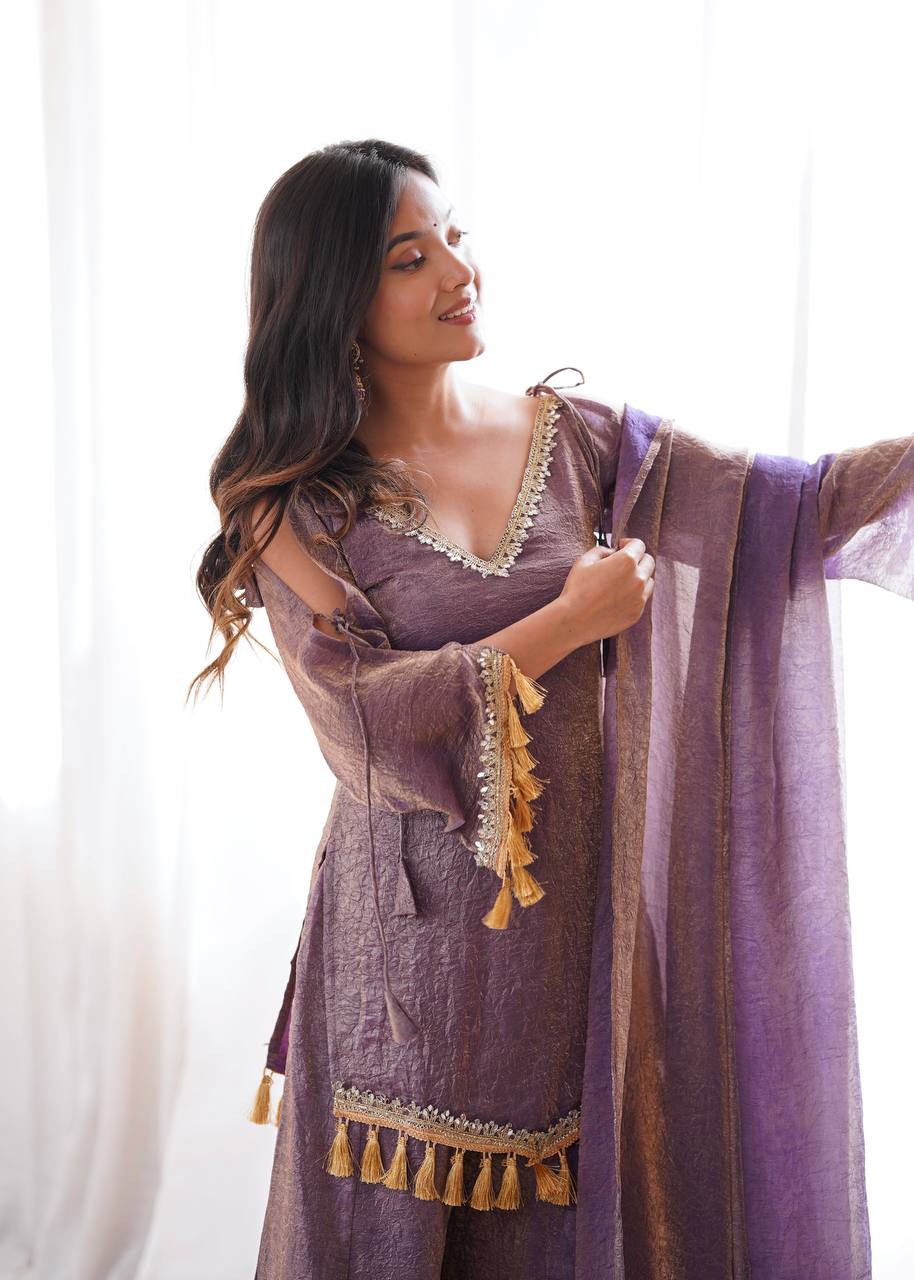Lavender Crush Metallic Palazzo Suit Set